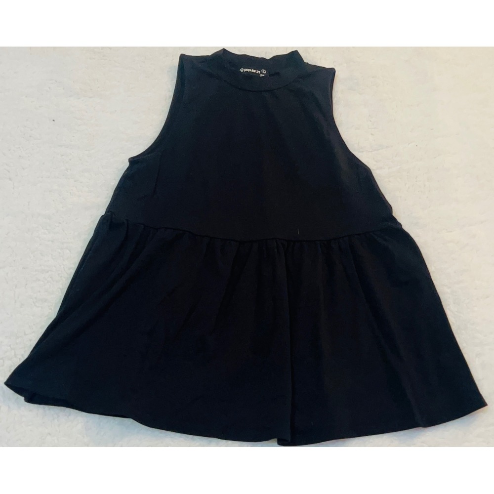Popular 21 Womens Mock Neck Sleeveless Peplum Babydoll Top Black Large